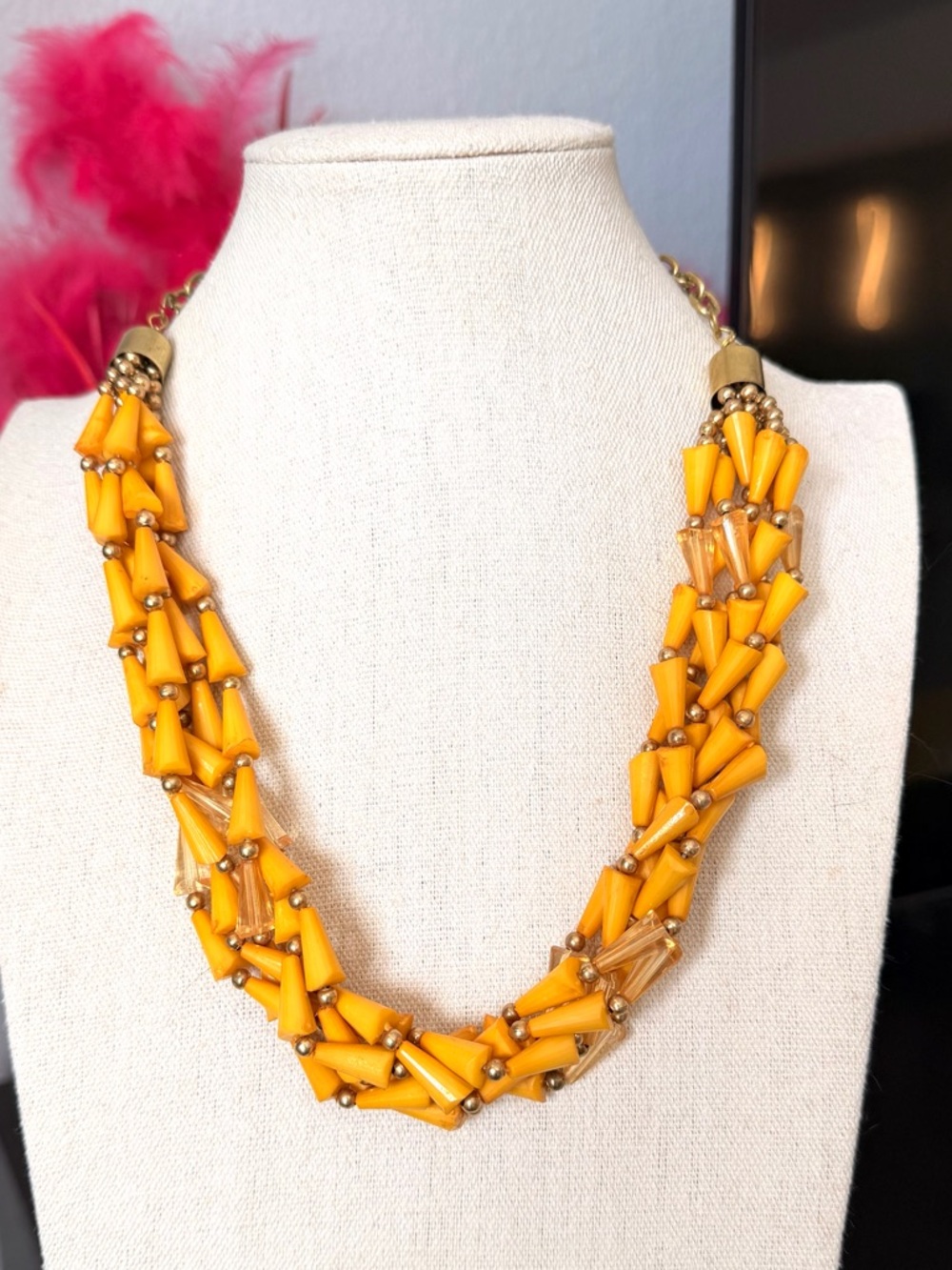 Yellow Multi-Strand Cone Bead Necklace with Gold Accents